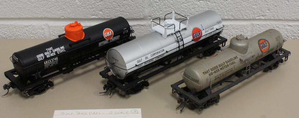 Larry entered a set of three O scale tank cars all painted and lettered for Gulf Oil Company. Cars numbered SHPX 5776 and GRCX 3746 were Atlas O models while car GATX 15572 was scratch built.