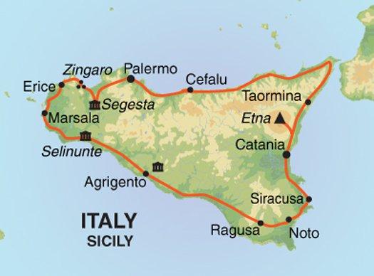 Treasures of Sicily - Trip Notes General Trip info Map Trip Code: EADZ Trip Length: 9 Trip starts in: Acireale Trip ends in: Taormina Meals: All breakfasts and a wine tasting on Mt Etna included