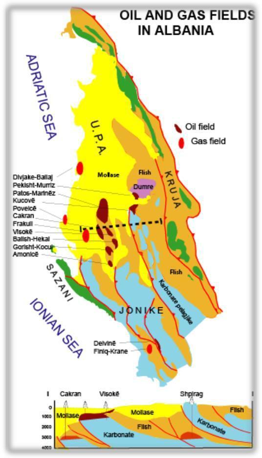 Harta 14 -Fushat e naftës dhe gazit të gjetura në Shqipëri Burimi i Albpetrol Formacioni më i madh i naftës në Shqipëri është ai i zbuluar në zonën Patos-Marinzë dhe gjendet në një formacion