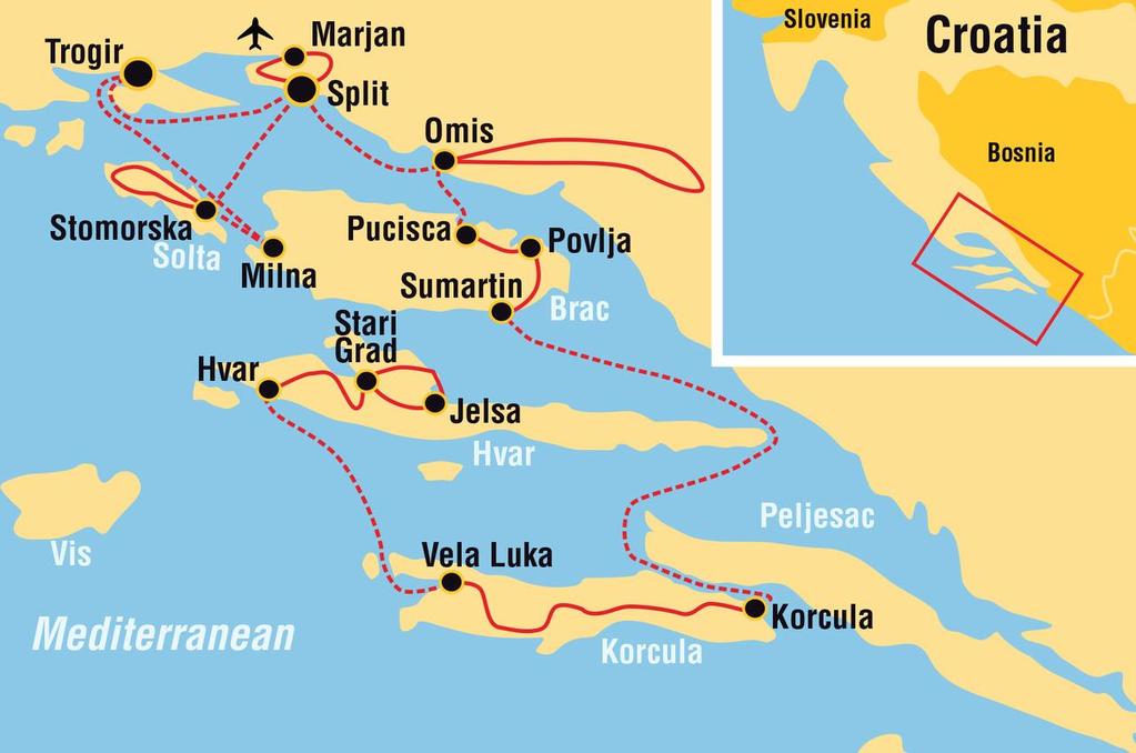 ITINERARY Day 1 (Saturday): Boarding in Trogir (cruise Trogir -Šolta) Check in from 2 pm 2.30 pm. At 3 pm the crew cast off to the picturesque island of Šolta.