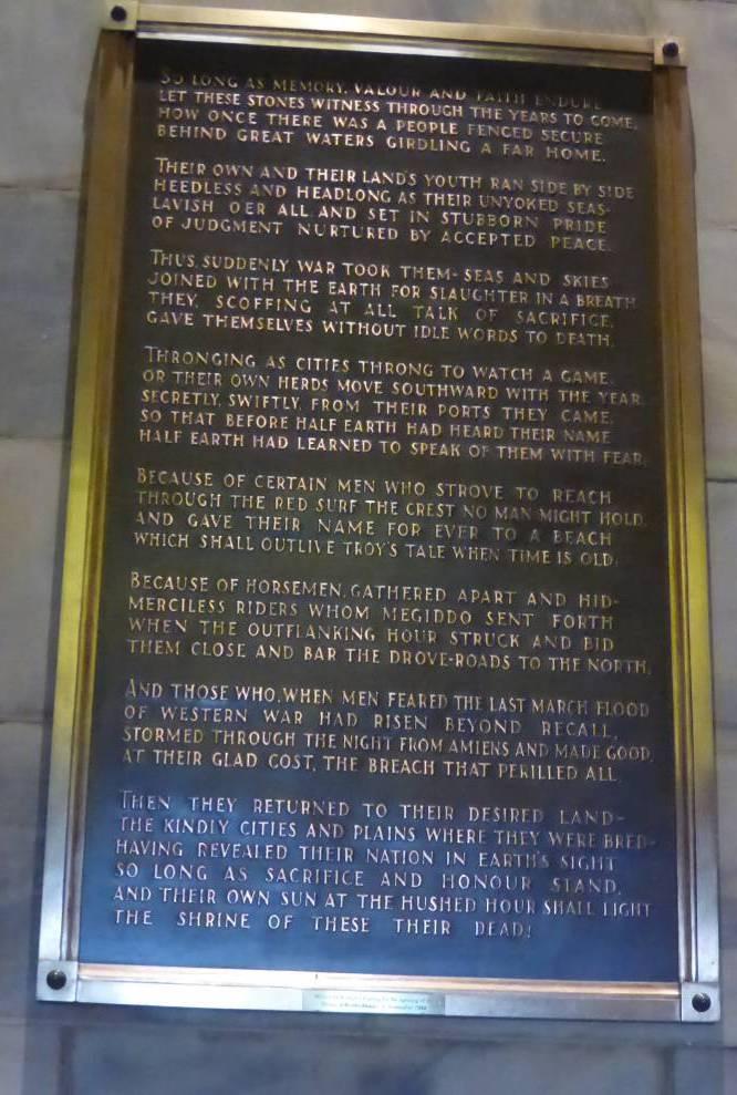Rudyard Kipling s poem recognising Victoria s sacrifice in the Great War, hangs in an internal staircase. So long as memory, valour, and faith endure Thus suddenly war took them -.