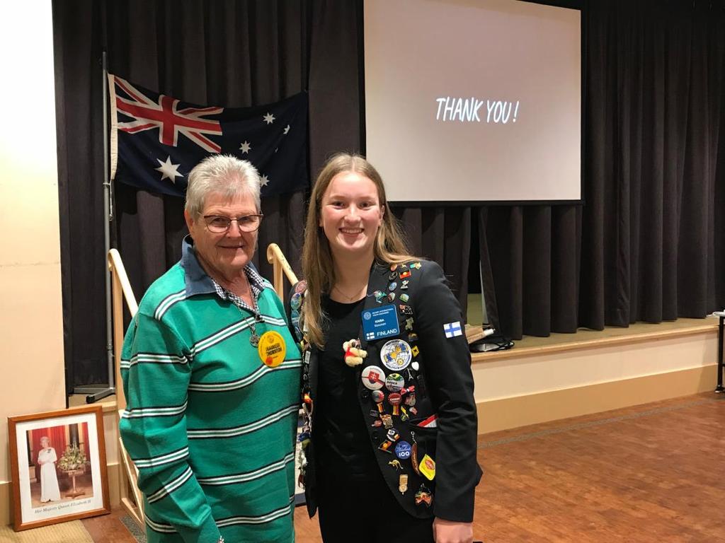 Wednesday 16 May 2018 Meeting 1405 Quote for mother s day I owe a lot to my parents, especially my Mum and Dad Greg Norman Well we had a great talk from Kaisa our YEP student from Finland this week.