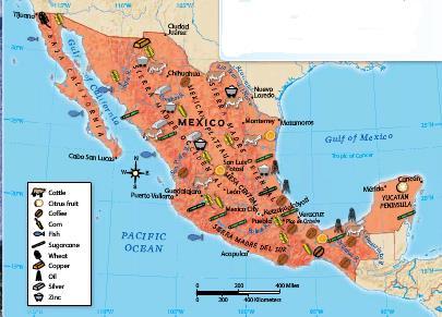 Resources and Agriculture Mexico s mountains hold resources such as copper, silver, and zinc. They also have oil found around the Gulf of Mexico. Over 3 million barrels are produced each day.
