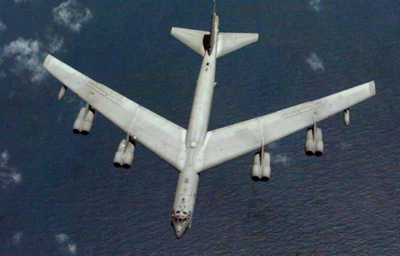 The B-52 is a large aircraft with a length of 159 feet 4 inches and a wingspan that measures 185 feet.
