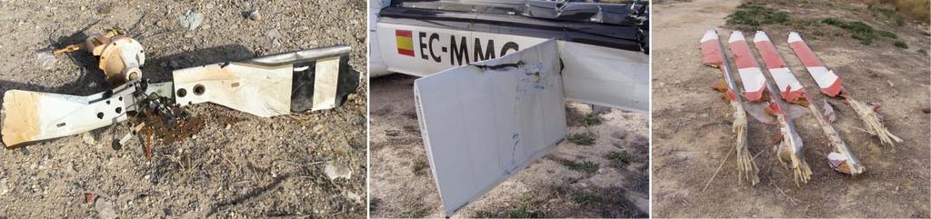 The photo in Figure 3 shows the tail rotor and the condition of the horizontal stabilizer and main rotor blades after the accident. Figure 3. Aircraft EC-MMC On the Bücker, the top and bottom right wings, propeller blades and engine cowling broke.