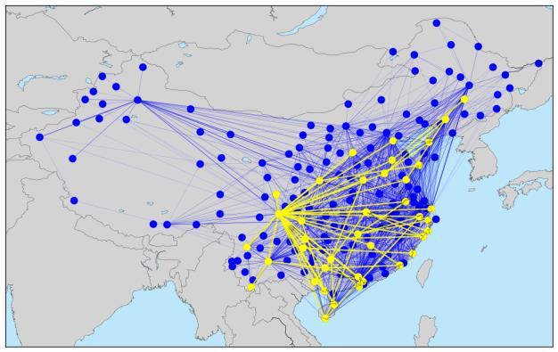 airport network with twelve different attacking strategies and three robustness measures was studied in [5], the goal was to Figure 1: Example for the airline network of Chengdu airlines (yellow