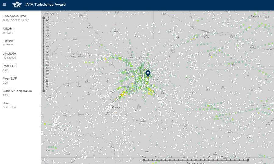 Platform features This is a snapshot of the Turbulence Aware Viewer Color-coded turbulence reports are presented on a map White dots represent areas of no turbulence and colored dots represent