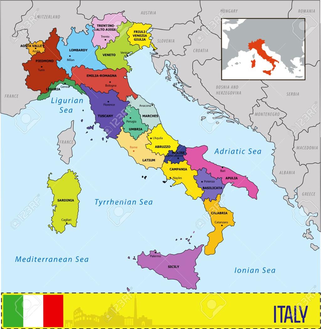 Italy Italy is a peninsula and two large islands, Sicily and Sardinia, located in Mediterranean Sea.
