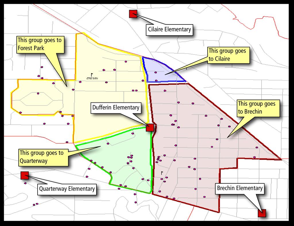 Figure 24: Division of Dufferin Catchment into Essentially Three Segments Figure 25: Destination of Dufferin Students for Option 2 Source catchment Possible destination school Based on Option 2 Out