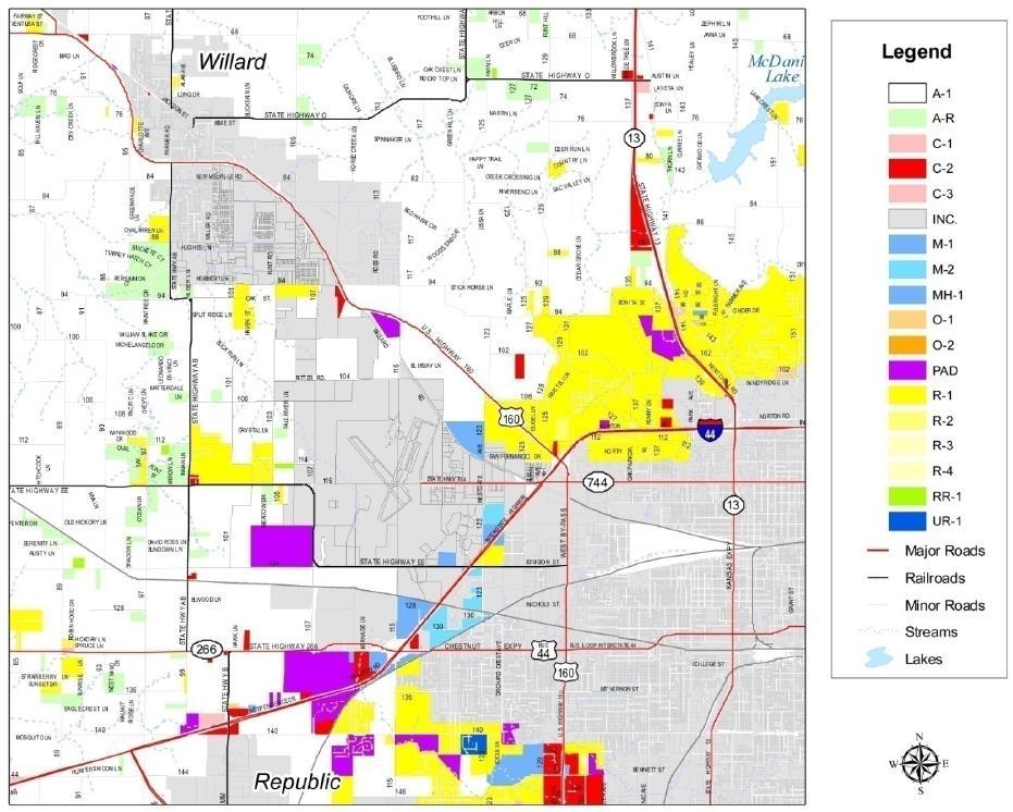 Commercial is concentrated on Chestnut, with some along Kearney, near West Bypass. The City of Springfield also has airport overlay zones that extend beyond the runways.