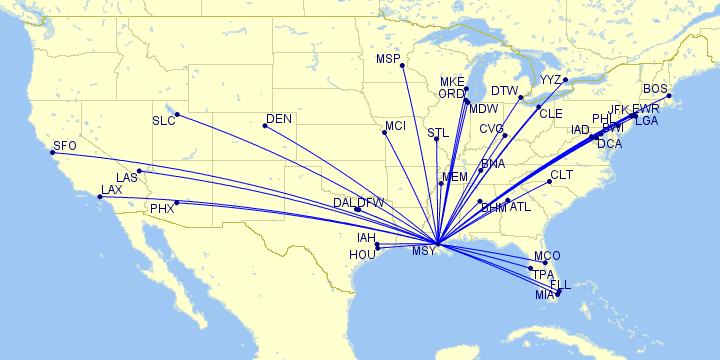 Nonstop Destinations from Louis Armstrong New Orleans International Airport January 2012 SOURCE: OAG New Orleans is a major commercial center for the Southern United States, including the financial,