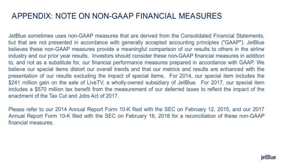 APPENDIX: NOTE ON NON-GAAP FINANCIAL MEASURES JetBlue sometimes uses non-gaap measures that are derived from the Consolidated Financial Statements, but that are not presented in accordance with