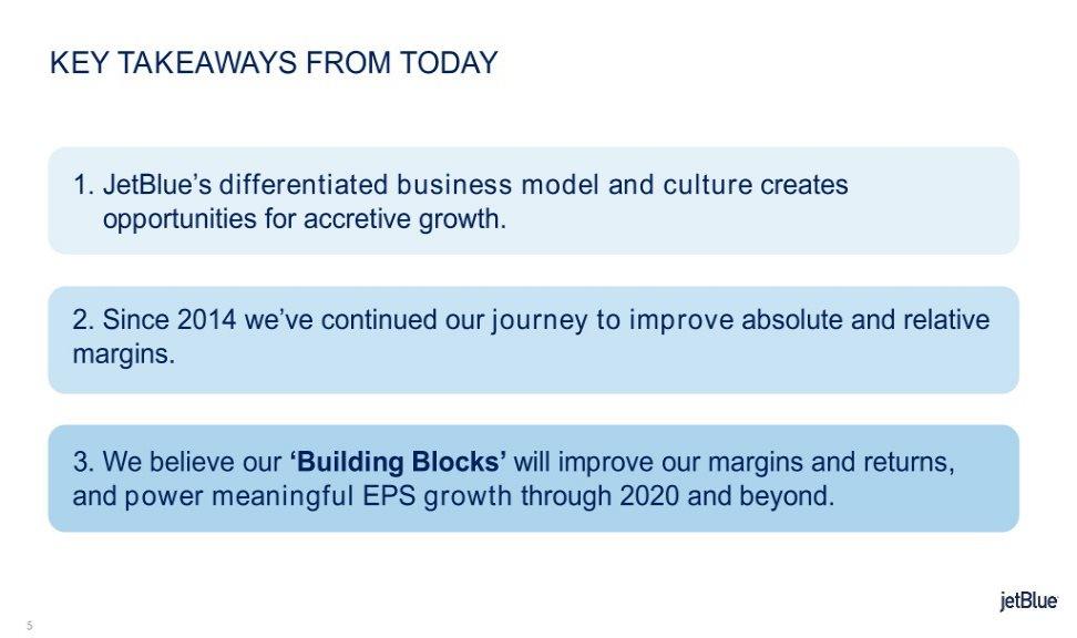 KEY TAKEAWAYS FROM TODAY 1. JetBlue s differentiated business model and culture creates opportunities for accretive growth. 2.