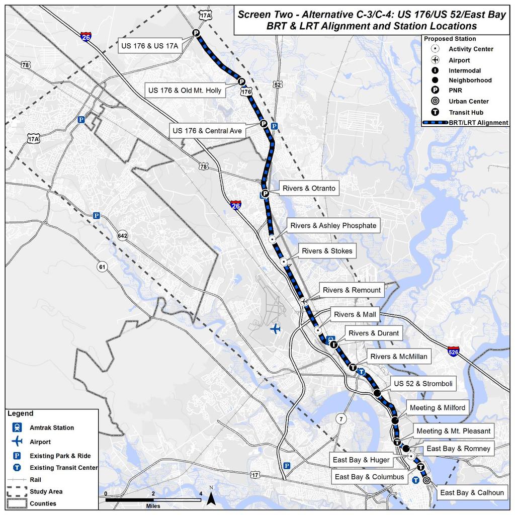 3.4 Alternatives C-3 & C-4: US 176/US 52/East Bay (BRT & LRT) Alternative C-3 assumes BRT along US 176, US 52, and East Bay Street from the vicinity of Carnes Crossroads at US 17A to Calhoun Street