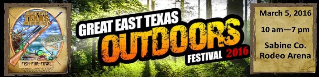 Area Accommodations Below are area facilities providing accommodations for the Great East Texas Outdoor Festival 2016.