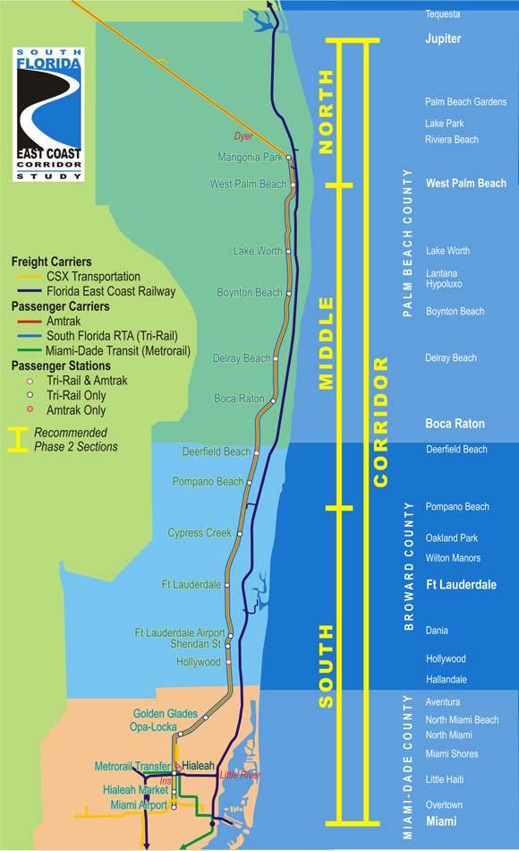 South Florida East Coast Corridor Study Focus on NORTH-SOUTH mobility issues 85-mile study area centered on the FEC Alignment Encompasses Tri-Rail and future FEC
