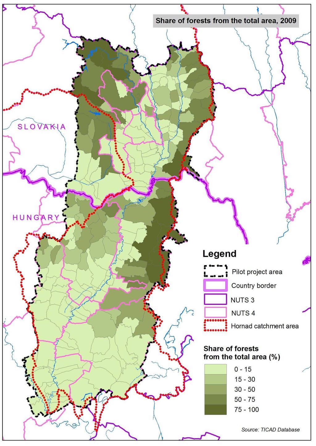 Forests are mostly in the northwest and east part of the pilot area.
