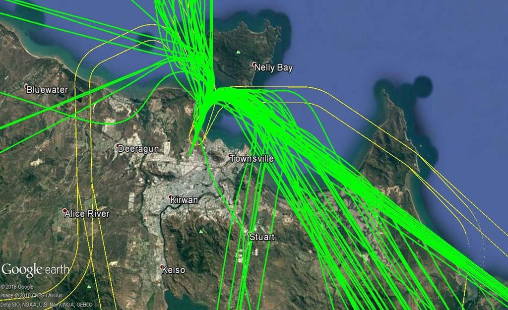 Figure 6: Proposed standard departure flight paths from 23 May 2019 shown above (yellow) with a sample of existing flight tracks (green) to show changes to overflight.