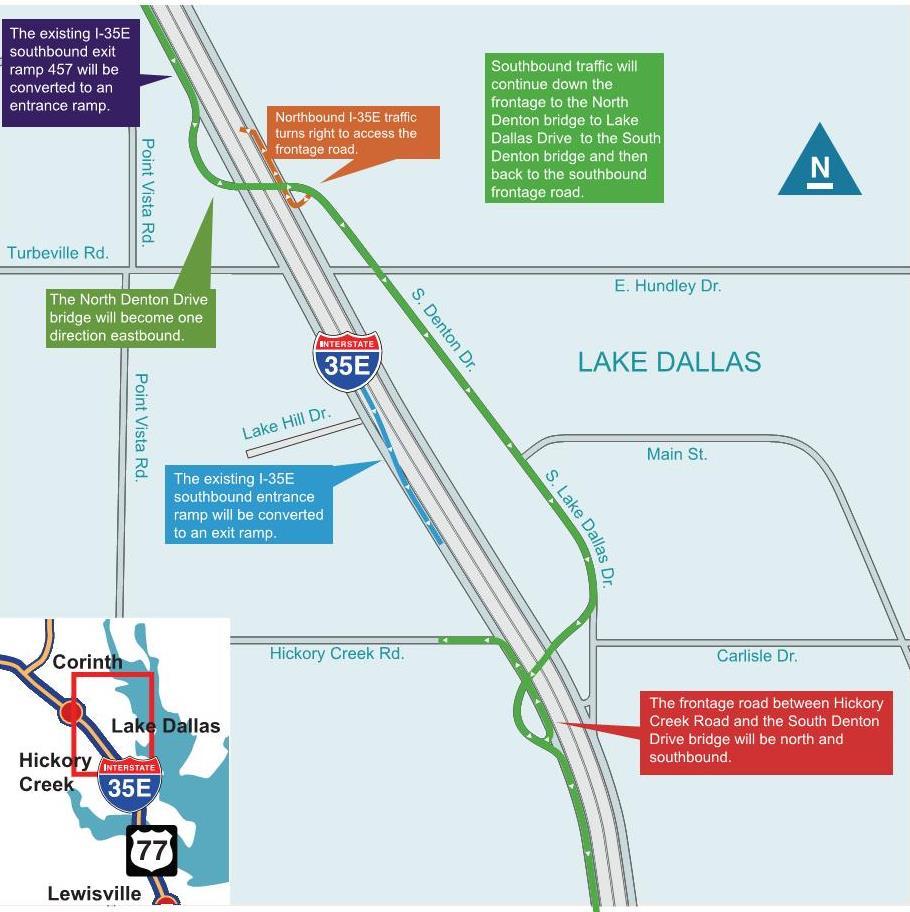 LAKE CITIES TRAFFIC CHANGES April North Denton/Lake Dallas Drive bridge is converted to southbound traffic only Access to Chili s maintained; building new temporary pavement alongside the frontage to