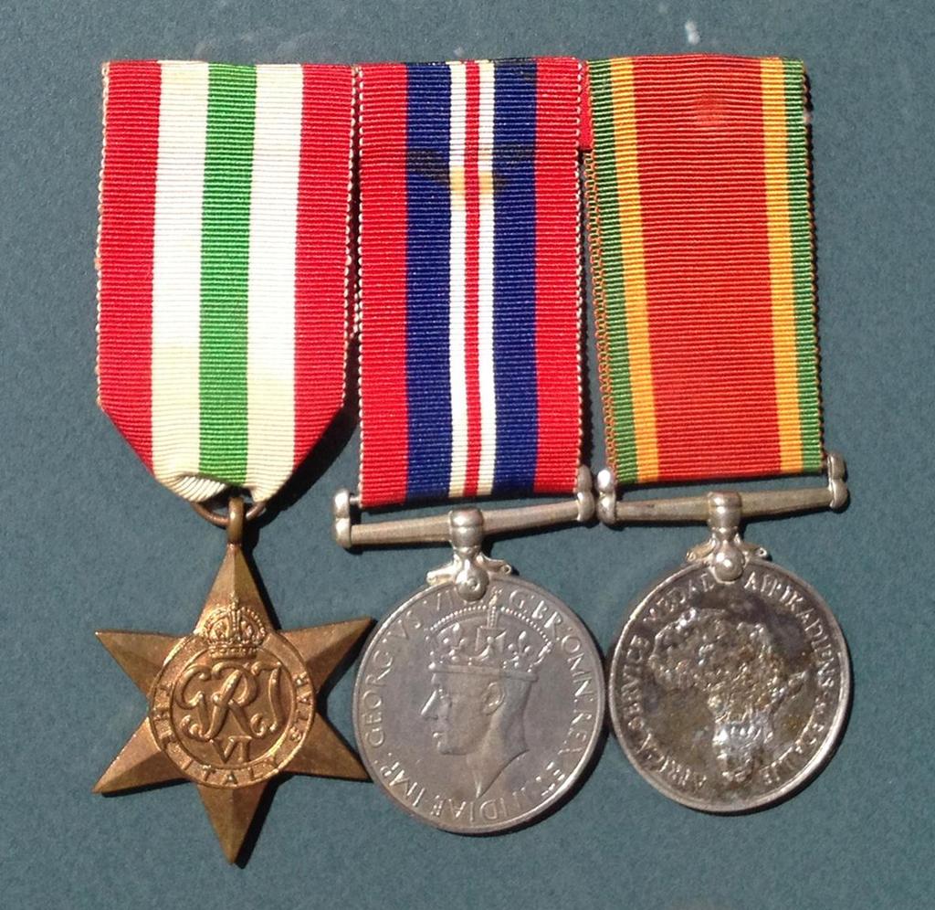 Brian Piccione was awarded three medals for his services in the War: Brian Piccione s war medals: The Italy Star The War medal, 1939-45 The Africa Service Medal.