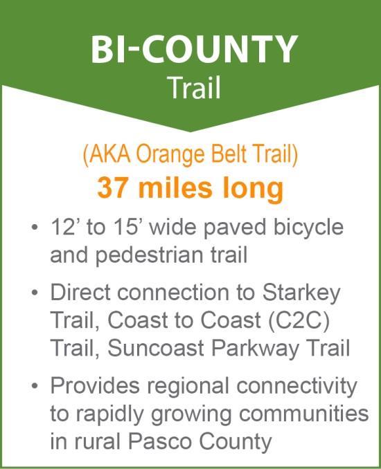 Suncoast Trail and the Withlacoochee State Trail. The Bi-County Trail will generally follow the alignment of the historic Orange Belt Railway which dates back to the late 1800 s.
