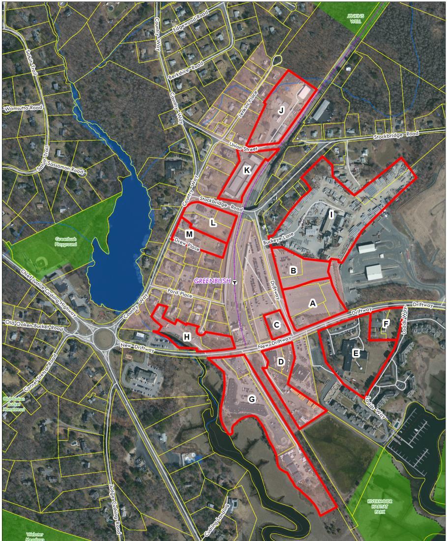Greenbush Opportunities Greatest redevelopment Potential 13 preliminary Opportunity Sites Identified: 13 Greatest opportunities are adjacent to the MBTA commuter rail station.