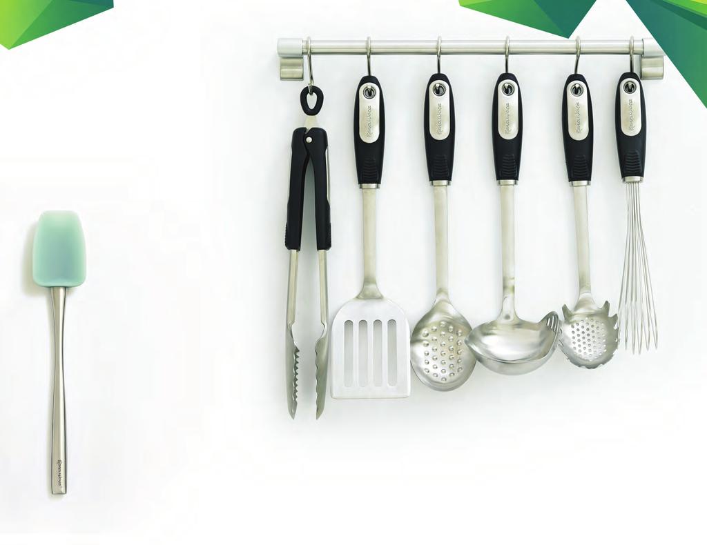 PREMIUM KITCHEN TOOL SET 7 PIECES Made of 18/8 stainless steel with attractive brushed finish. Comfortable, soft-grip handles. Set includes 6 tools and hanging bar. Hand wash only!