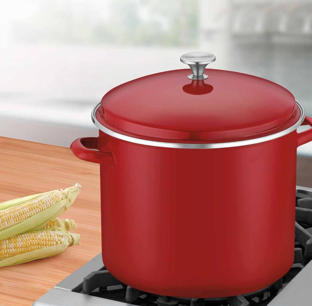 CHEF'S CLASSIC ENAMEL ON STEEL STOCKPOTS Superior Heat Distribution Enamel on steel heats up quickly and enables even heat distribution.
