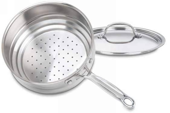 Universal Steamer Stainless steel steamer turns 2-, 3- and 4-quart saucepans into steamers.