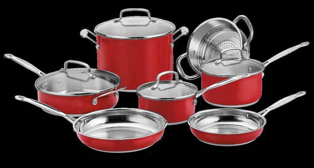 11-Piece Set Maximize your cooking options! Designed with a rich red metallic exterior and stainless interior.
