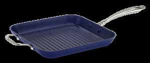 The Cuisinart CastLite Square Grill Pan provides the even heat of full cast iron and offers easier maneuverability. Raised bottom ridges drain unwanted fats.