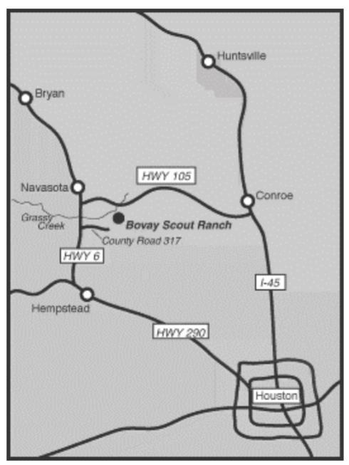23. Directions to Bovay Scout Ranch Directions through Hempstead: Take Hwy 290 W through Hempstead From Hempstead take Hwy 6N for 16 miles Turn right onto County Road 317 Travel to end of road