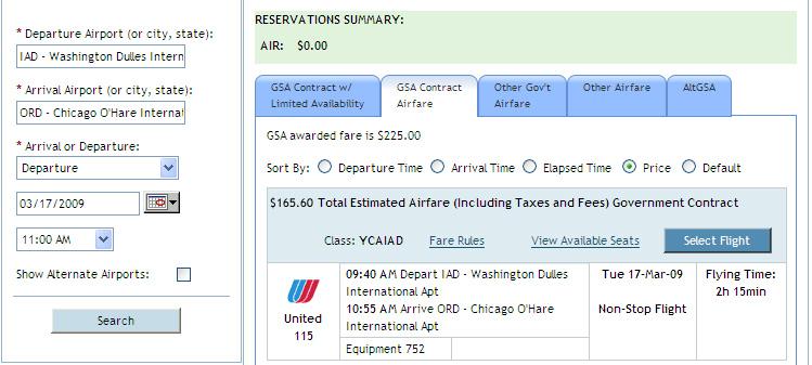use other tabs If no GSA Contract Airfare is