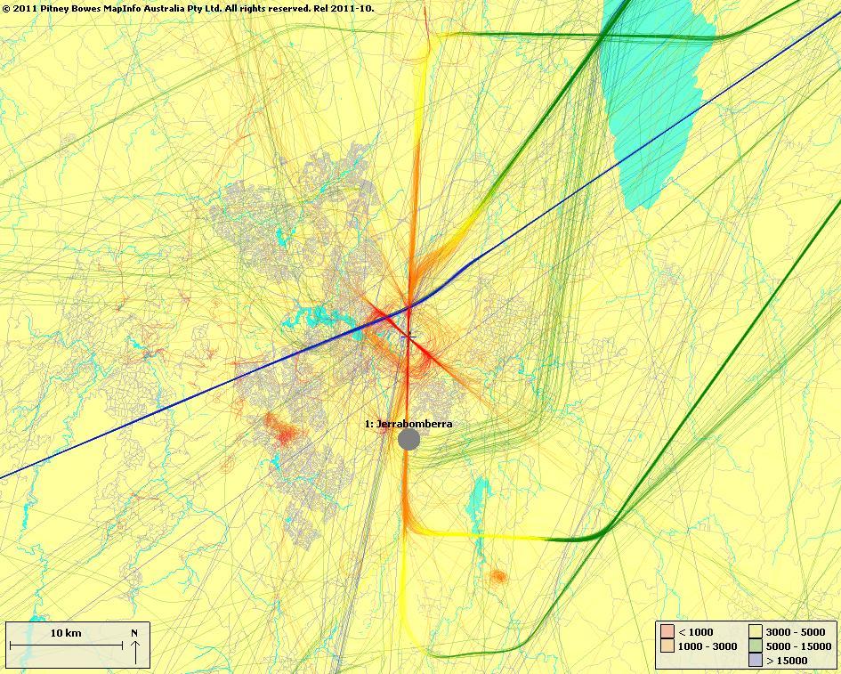 3.2 Non-Jet Arrival / Departures by Altitudes Figure 5 below shows non-jet tracks (arrivals and departures) at Canberra Airport coloured by altitude.