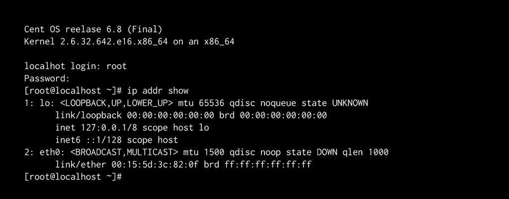 Slika 2. Inicijalni prikaz IP adrese. Zatim se otvara i uređuje datoteka /etc/syscofig/network-scripts/ifcfgeth0 putem urednika komandnog retka.