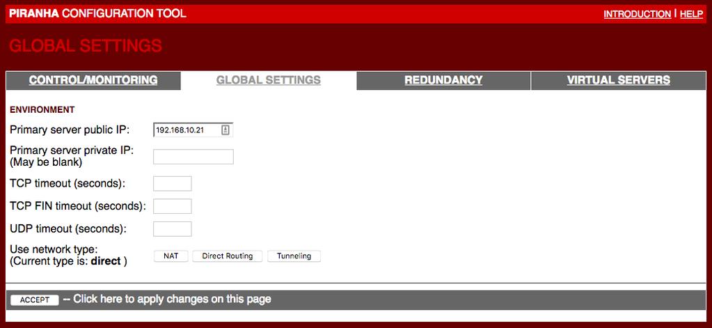 Prvi korak postavljanje je IP adrese LVS1 poslužitelja pod Global Settings karticom te odabiranje načina rada LVS-a. U ovom slučaju to je Direct Routing. Slika 27. Kartica sučelja Global Settings.