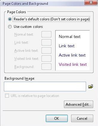 Reader's default colors: Koristite ovu opciju ako želite da stranica koristi podešavanja za boje za tekst i linkove sa samog browsera korisnika koji gleda stranu.