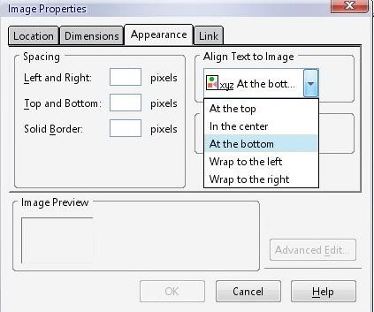 Align Text to Image: Ako se slika umetne neposredno pored teksta, potrebno je izabrati ikonuci za poravnanje kako bi se odredila pozicija teksta u odnosu na