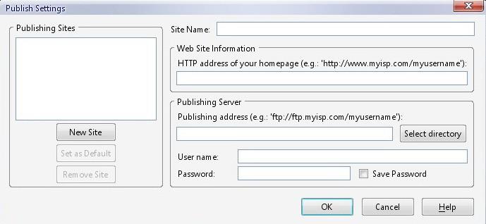 Otvara se prozor Publish Settings U polje Site Name unosimo ime našeg web sajta. U polje HTTP address of your homepage unosi se URL adresa našeg web sajta kao npr: http://www.yourwebsite.