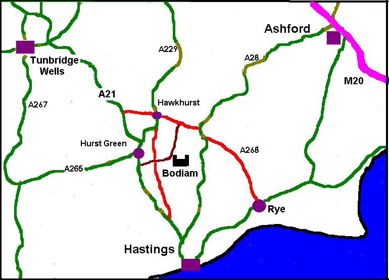 HOW TO FIND US Bodiam is situated 12 miles north of Hastings, 52 miles south of London, and 3 miles east of the A21.