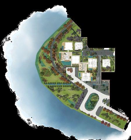 These green areas are positioned along the waterfront as well as in the elevated areas in the center of the development which helps to create natural gathering areas and a sense of community.