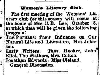 The Womans Literary Club gave a portion of the last meeting to a discussion of the tramp problem. April 11, 1896, p. 1, col.
