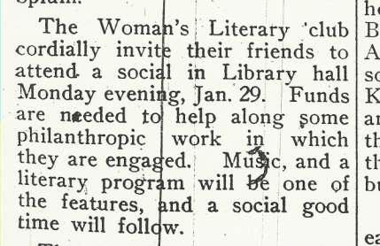 January 25, 1912, Evansville Review, Evansville, Wisconsin The woman s Literary Club entertained very delightfully at a social evening at the home of Mrs. Geo. L. Pullen last Monday evening.