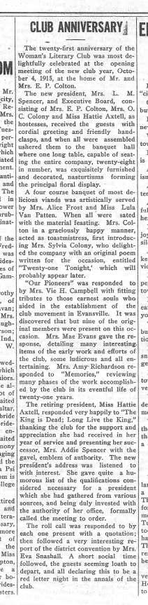 October 7, 1915, Evansville Review, p. 1, col. 2, Evansville, Wisconsin The Woman s Literary club met with Mrs. Mae Evans Monday evening and enjoyed a six o clock chicken dinner.
