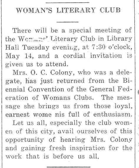 The Woman s Literary Club meet Monday evening with Mrs. Charley Copeland.
