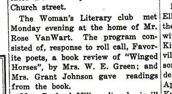 Club. October 17, 1935, Evansville Review, p. 5, col. 2, Evansville, Wisconsin Evansville, Wisconsin November 21, 1935, Evansville Review, p. 5, col. 2, The Woman s Literary club met Monday evening at the V.