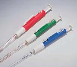 The thumb wheel also can be used to blow out the contents of the pipette. Available in three different pipette volumes, 2, 10 and 25ml, each color-coded for easy identification.