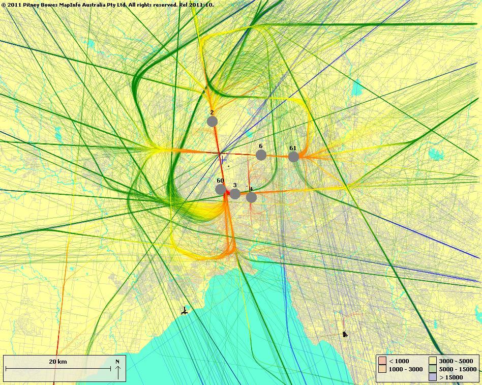 3 Aircraft Movements and Altitude 3.1 Jet Arrivals / Departures by Altitude Figure 6 below shows jet aircraft track plots for arrivals and departures within the Melbourne basin coloured by altitude.