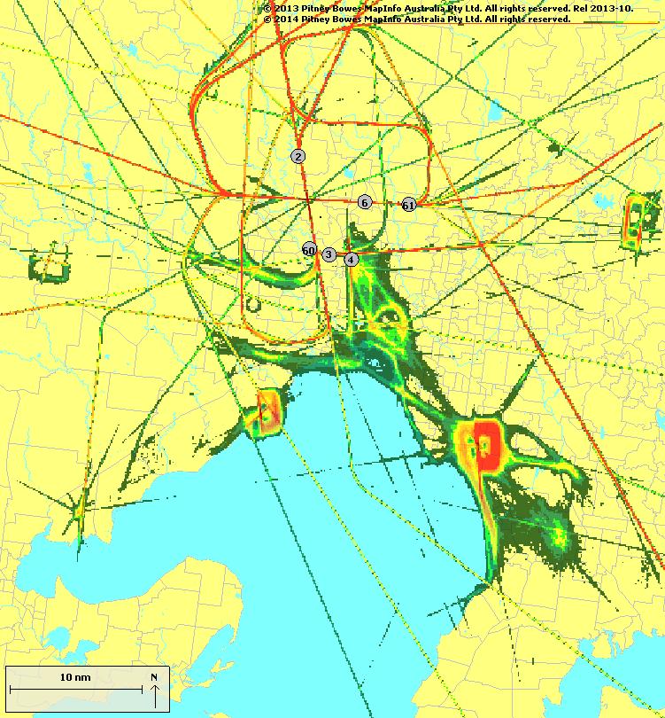 Lilydale Airport Melbourne Airport Essendon Airport RAAF Point Cook Airport Moorabbin Airport Avalon Airport Figure 9: Track density plot for the Melbourne region, Quarter 2 of 2015 Key points shown