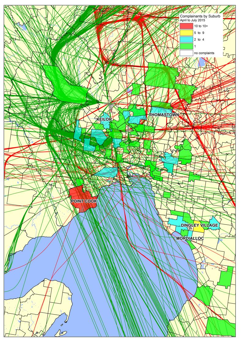 Arrivals Departures Local operations including circuits Figure 28: Complainant density by suburb for Quarter 2of 2015 with an overlay of st th tracks for sample period 1 to 4 June 2015 at Melbourne